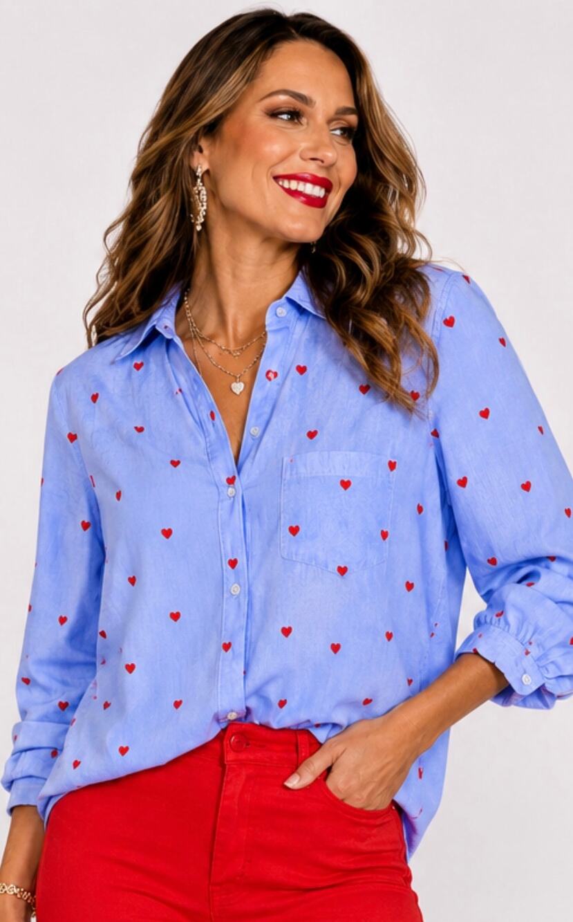 J.Crew XS Blue Red Heart Print Cotton Button Down Shirt Valentine Preppy